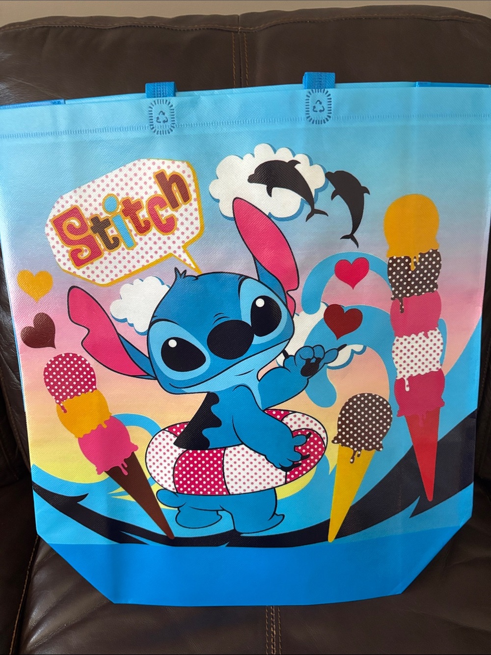 Stitch Cartoon Beach Tote Bag in Blue Pink